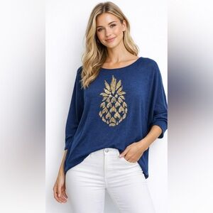 Tommy Bahama Navy Sequin Pineapple Sweater Top Dolman Sleeve Size Small